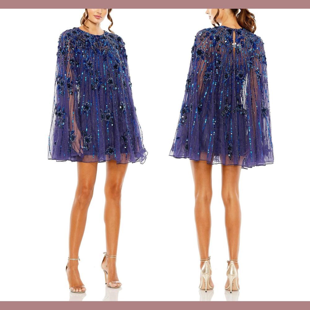 NEW $598‎ Mac Duggal [ 0 ] High Neck Embellished Trapeze Dress Cobalt Blue